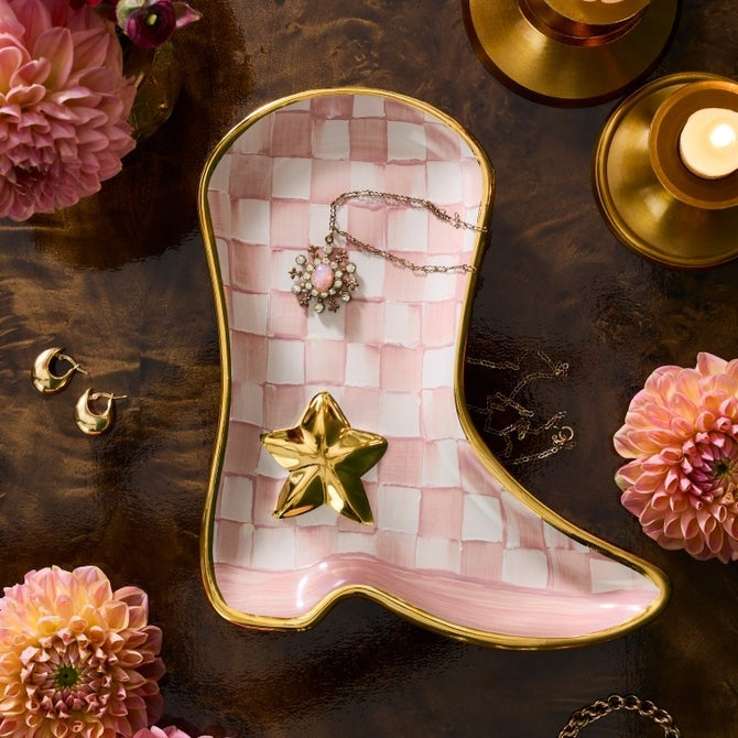 Lainey Wilson x MC Rosy Check Cowboy Boot Dish with pink checkered pattern and gold trim.