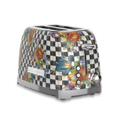 Stainless steel Courtly Flower Market toaster with hand-applied floral transfer decoration on a chrome-plated body.