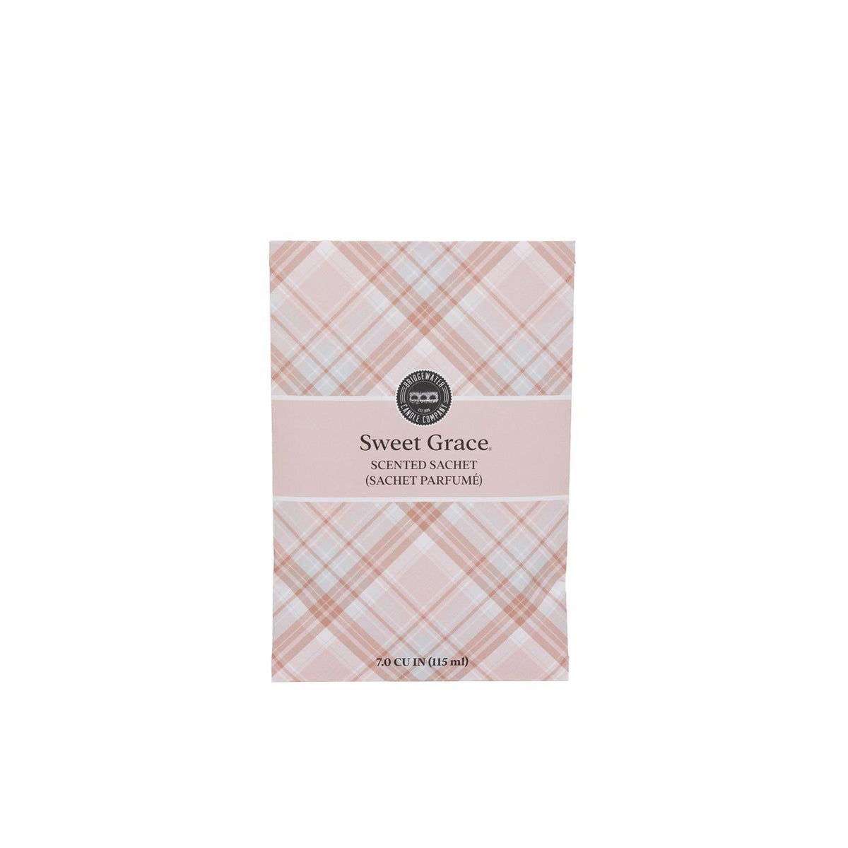 Sweet Grace plaid sachet in warm beige with red and green tartan pattern.
