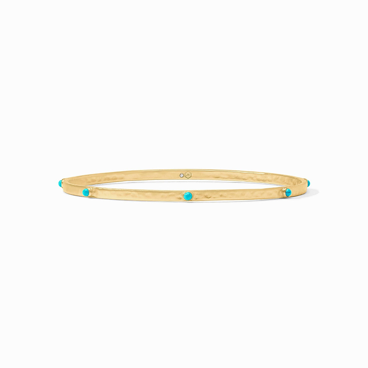 Crescent Stone Bangle in hammered gold with small turquoise stone accents.