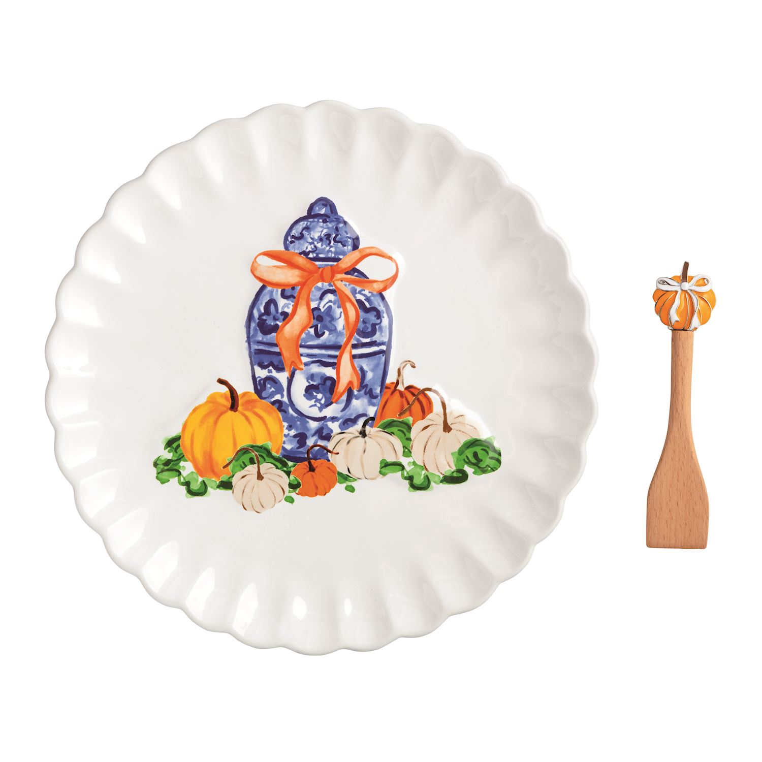 Topiary Pumpkin Cookie Plate Set with a blue ginger jar design and a pumpkin-topped wooden spreader.