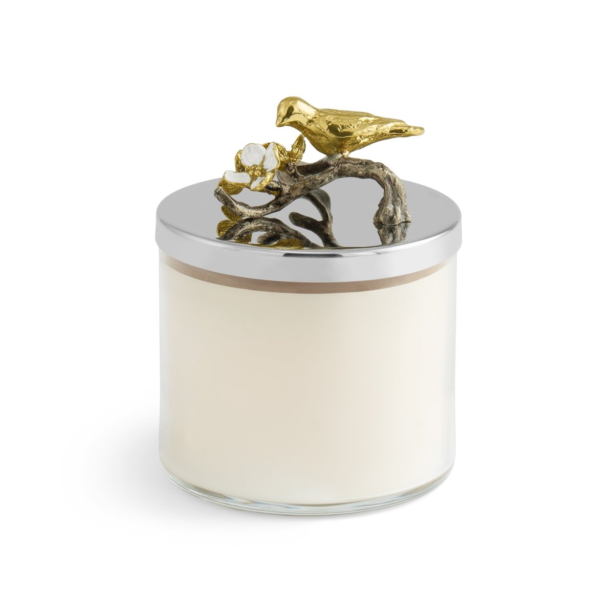 Lovebirds Candle in a glass jar with a silver lid topped with a gold bird on a branch.