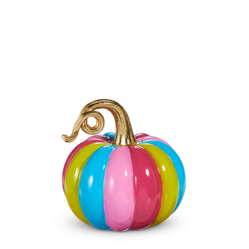 6-inch resin pumpkin with vibrant multicolor vertical stripes and a metallic gold curled stem.