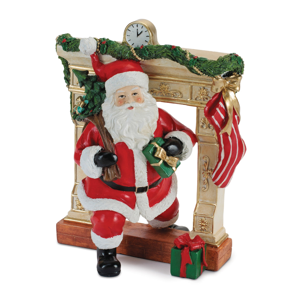 Resin Santa figurine standing in front of a fireplace mantel with a clock, garland, and gifts.