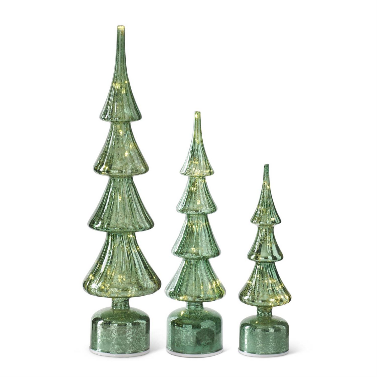 Three rotating ribbed green mercury glass LED Christmas trees in graduated sizes with warm lights.