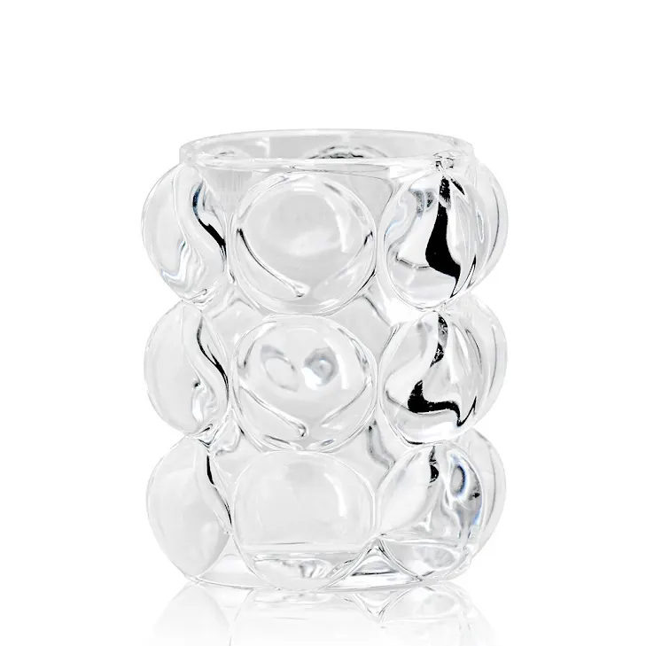Square bubble glass candle holder with a textured spherical surface in clear material.