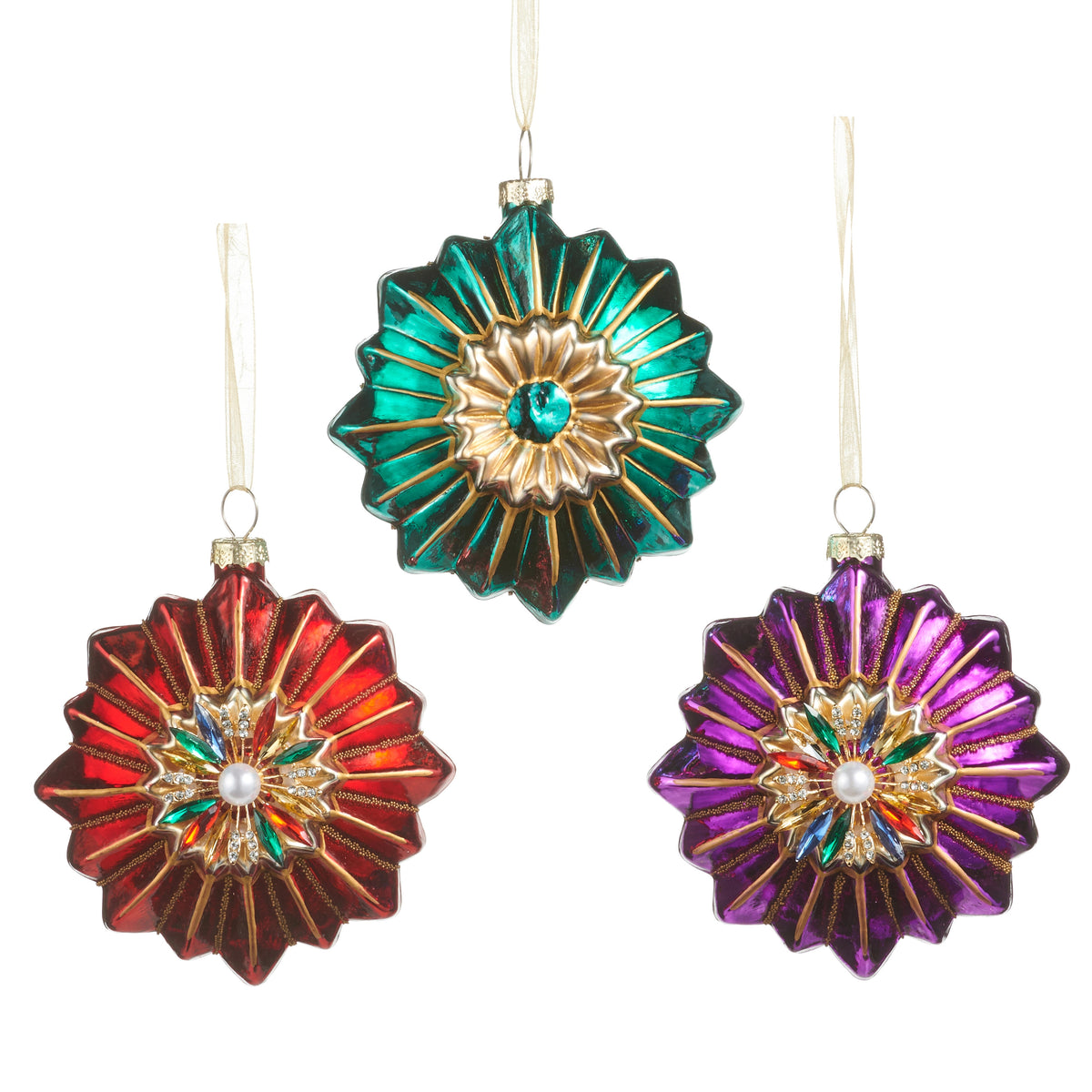 Three 4-inch glass medallion ornaments in red, green, and purple with jeweled centers and gold trim.