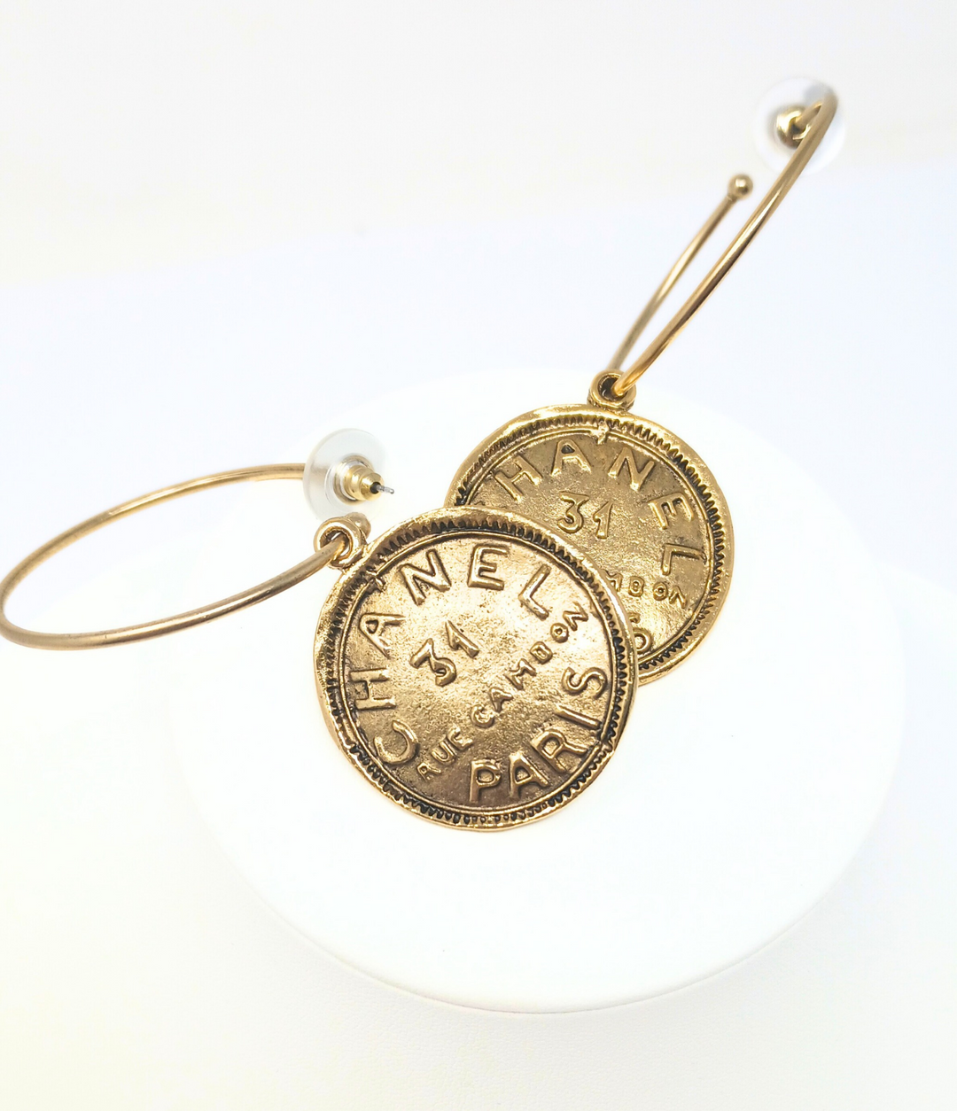 Gold Hoop Earrings with Chanel Type Coin