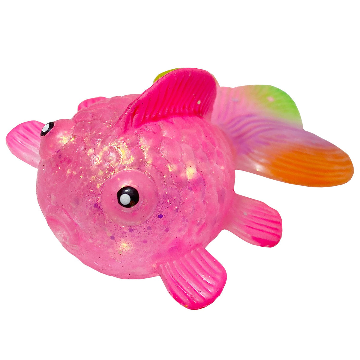 Squishy goldfish toy made of pectin with a translucent yellow color and rounded silhouette.