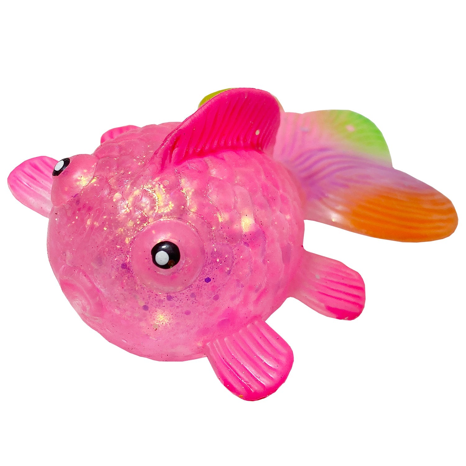 Squishy goldfish toy made of pectin with a translucent yellow color and rounded silhouette.