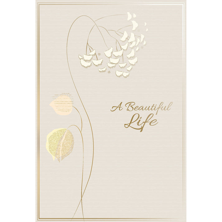 White sympathy card with foil heart design featuring text about remembering a special life.