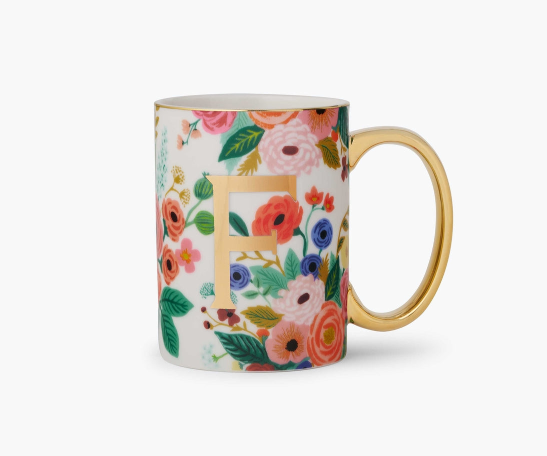 Garden Party Porcelain Monogram Mug with floral pattern, gold handle, and gold foil letter F.