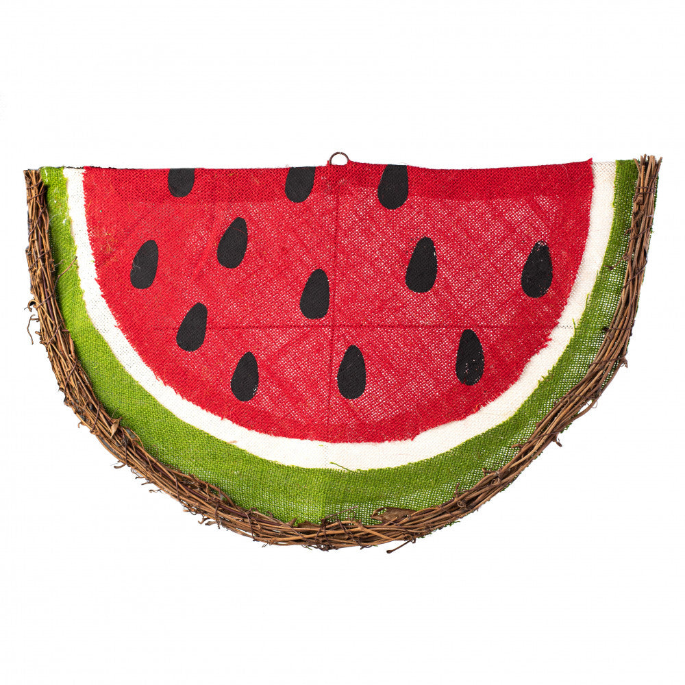 Rustic grapevine watermelon half slice form with red, green, and ivory burlap backing.