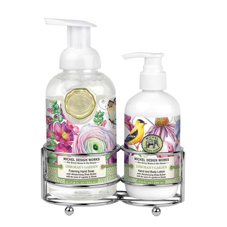 Foaming hand soap dispenser with pump next to a matching lotion bottle in neutral tones.