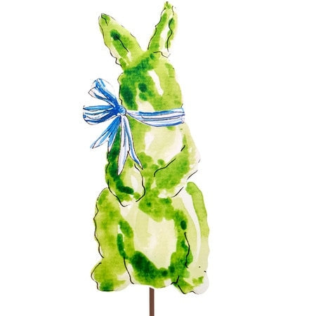 Watercolor-style green boxwood bunny garden stake with a blue and white striped bow.