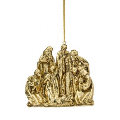 4-inch gold resin nativity scene Christmas ornament with hanging string.