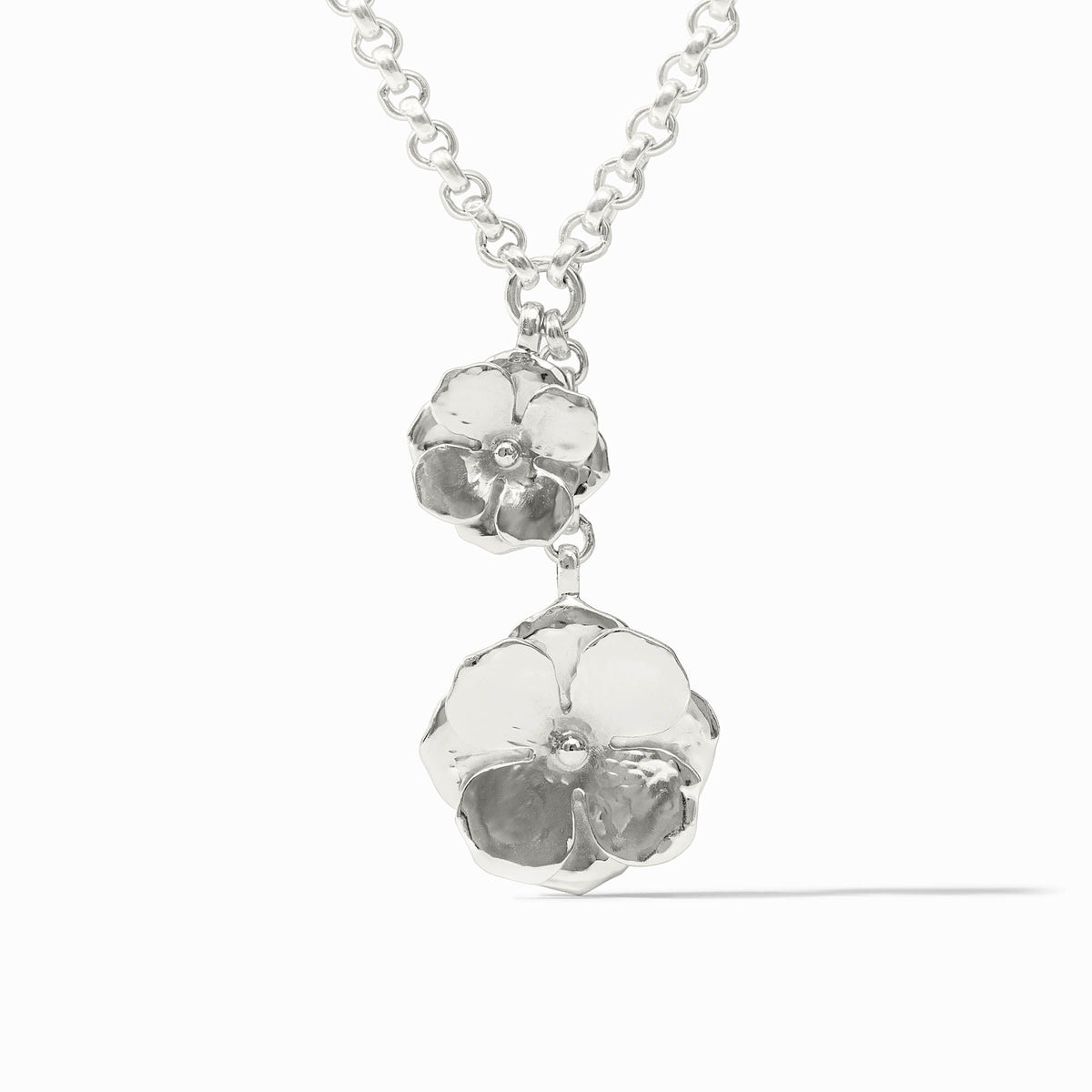 Silver lariat necklace with toggle clasp featuring a Julie Vos hallmark pendant.