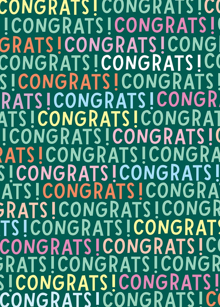 Greeting card with a repeating pattern of colorful "CONGRATS!" text on a dark green background.