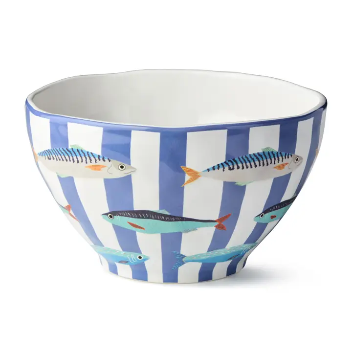 Deep ceramic bowl with blue and white vertical stripes and colorful hand-painted fish illustrations.