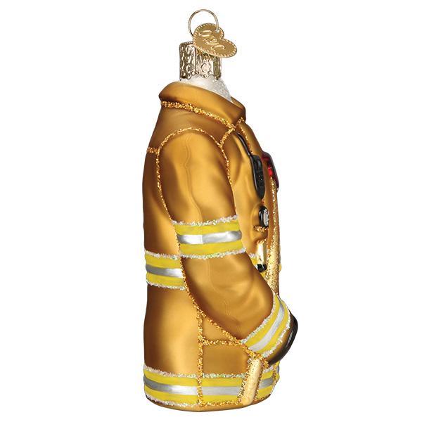 Gold glass firefighter's coat ornament with reflective yellow and silver stripes and glitter trim.