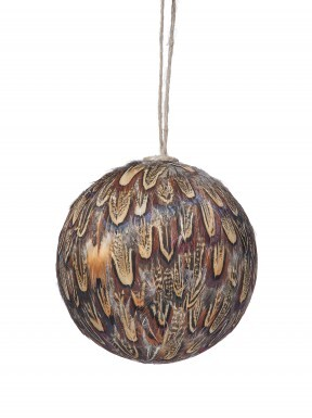 5-inch styrofoam ball ornament covered in natural brown and tan quail feathers with a twine loop.