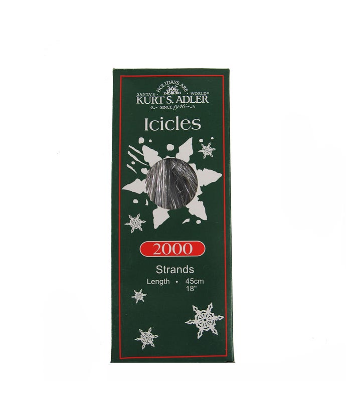 Two strands of silver tinsel icicle ornaments made of flame-retardant plastic.