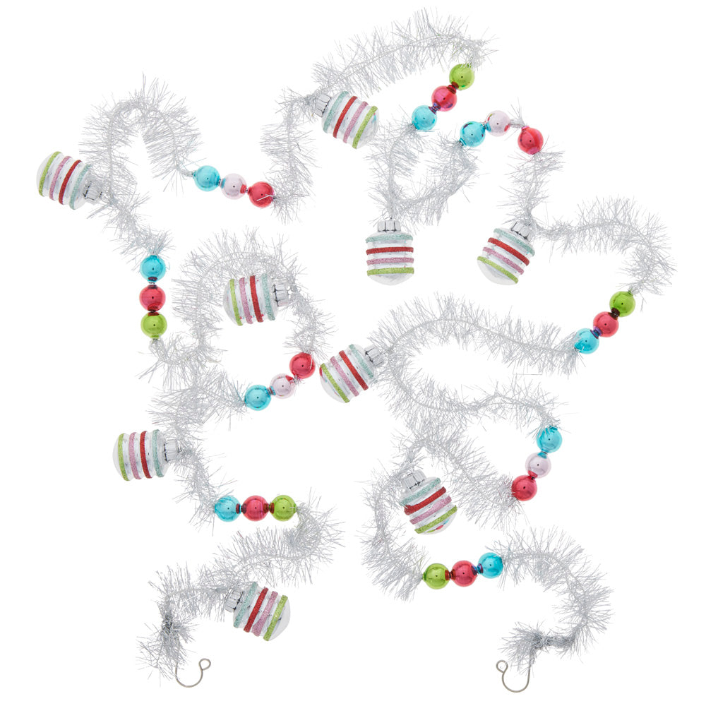 7-foot silver tinsel garland with colorful striped ornaments and round beads in festive colors.