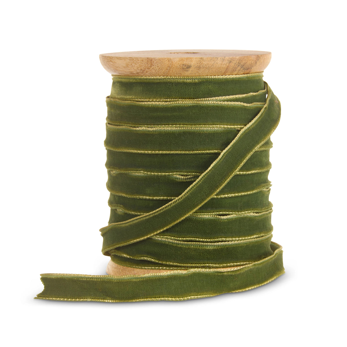 0.5 inch green velvet ribbon with gold metallic edges wrapped around a wooden spool.