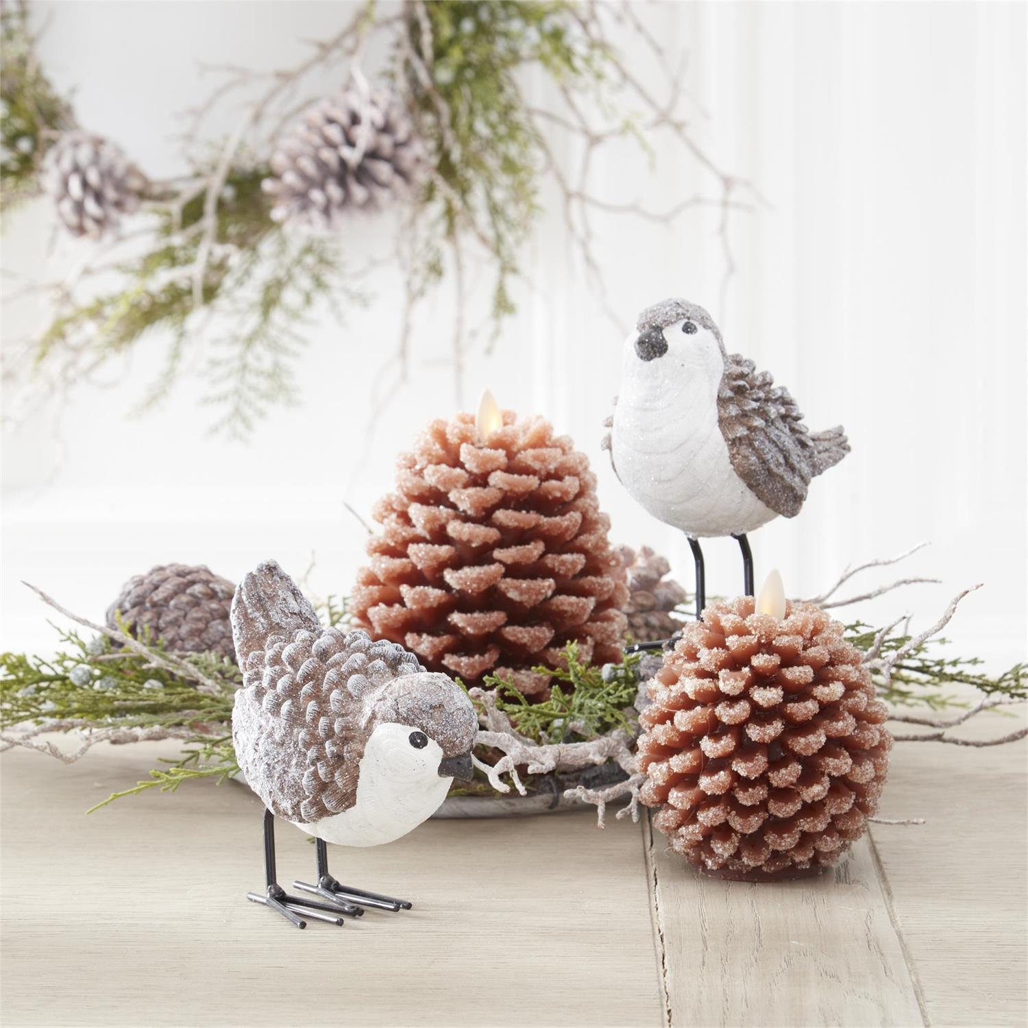 6.5-inch Pinecone Luminara indoor candle with electronic on/off switch and timer.