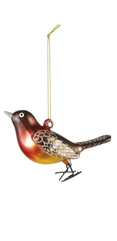 Hand-painted glass bird ornament with glitter wings, metallic finish, and gold hanging string.