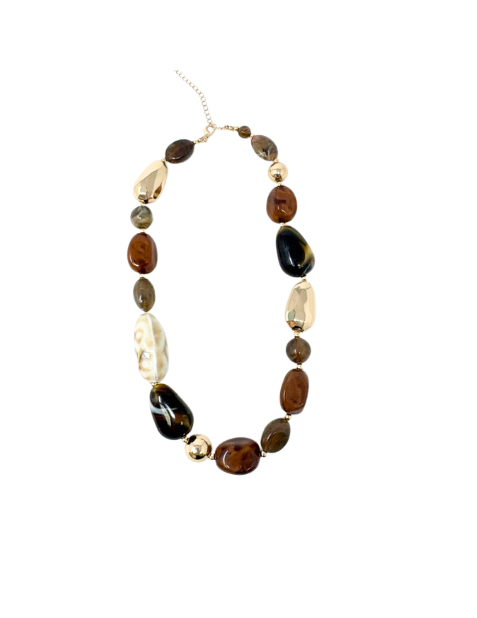 Multi pebble necklace with brown, black, cream, and gold-toned irregular beads on a gold chain.