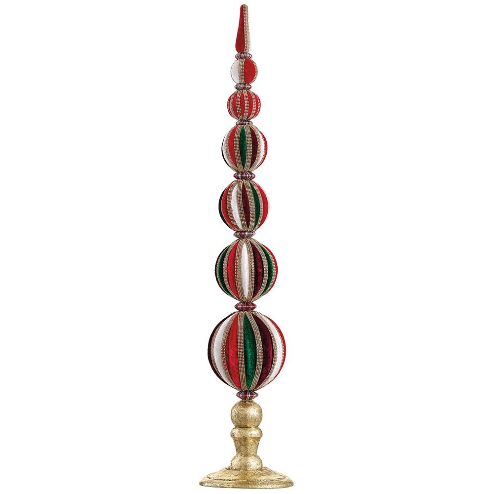 Round red table top with green diamond velvet ball pattern on mango wood base