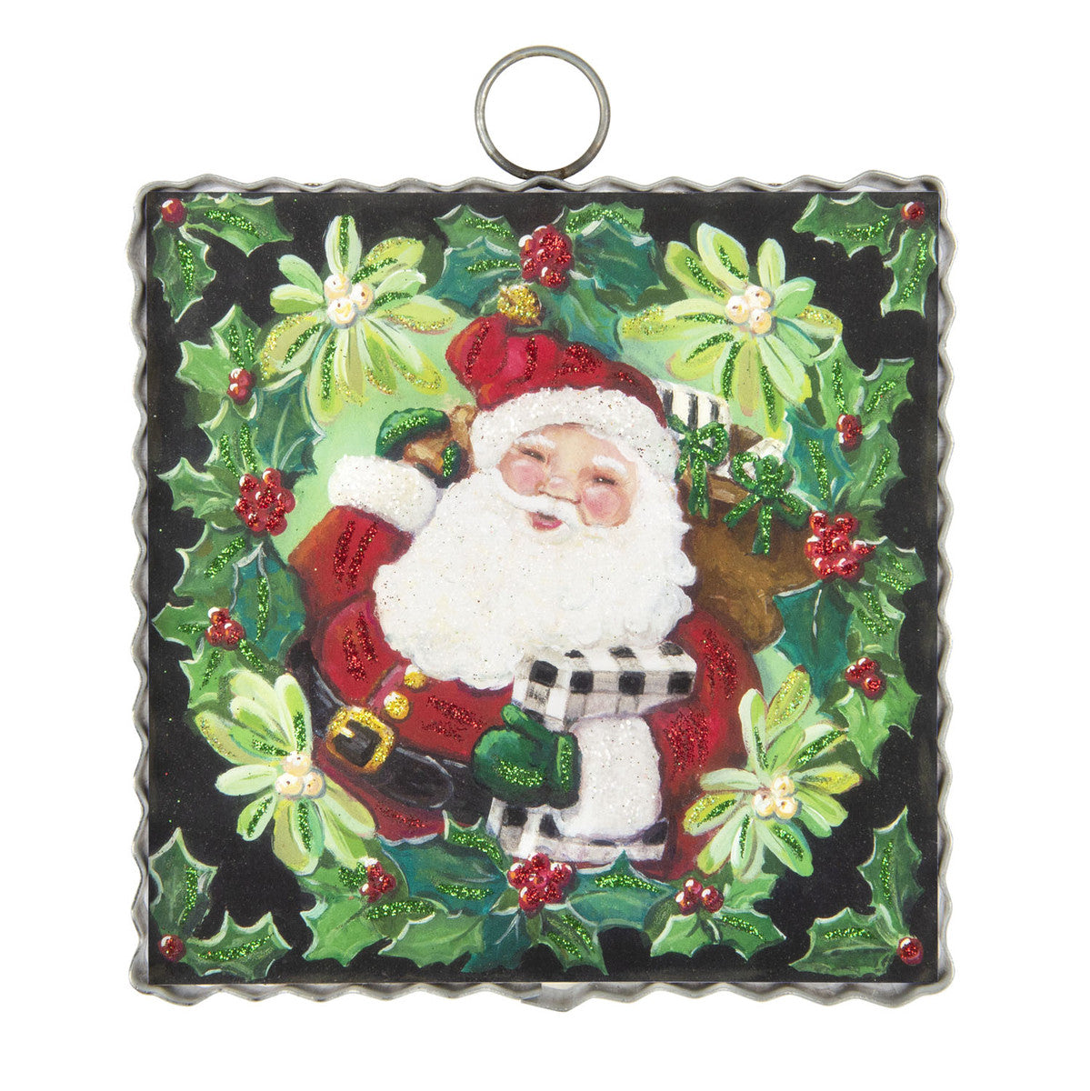 Mini Hamilton Holly Santa ornament with red body, green holly leaves pattern, gold accents, and hanging loop.