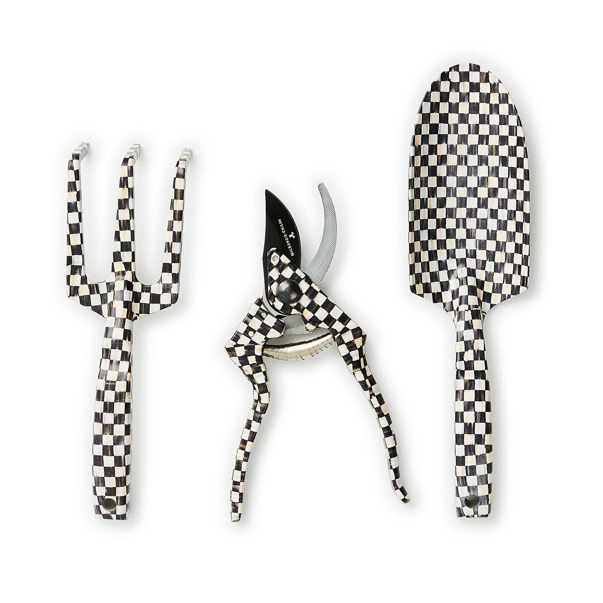 Courtly Check Gardening Tools Set featuring a black and white checkered cultivator, shears, and trowel.