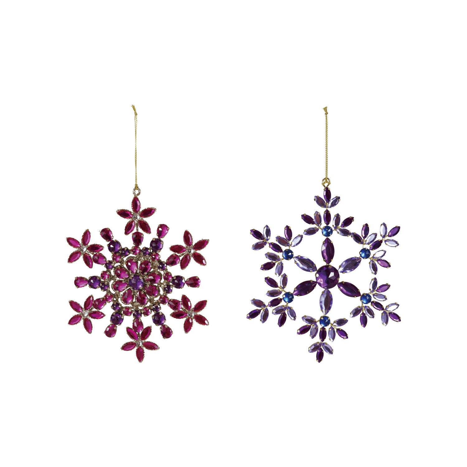 Two metal snowflake ornaments with pink and purple acrylic jewels and gold hanging strings.