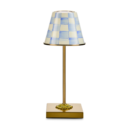 Mackenzie Childs Sky Check rechargeable cafe table lamp with hand-painted blue and white check pattern on glazed enamel mild steel base.