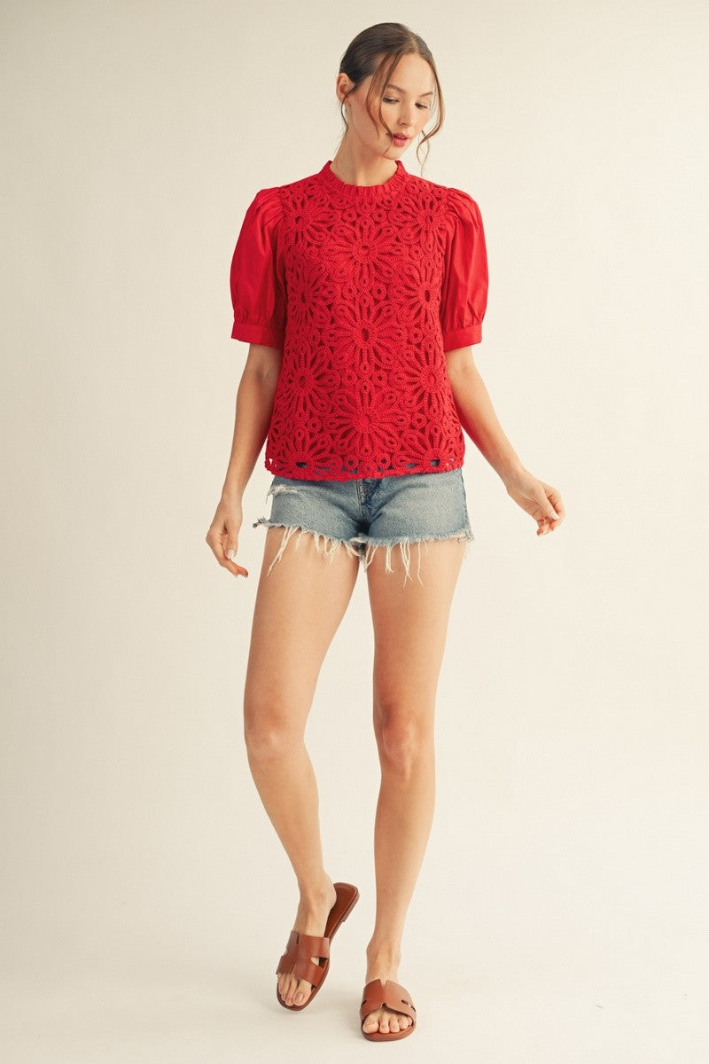 Callie Front Crochet Lace Contrast Solid Top