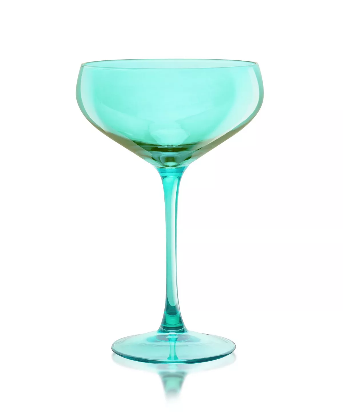 Hand-blown Carnival Coupe glass in iridescent rainbow finish with faceted stem and wide bowl shape.