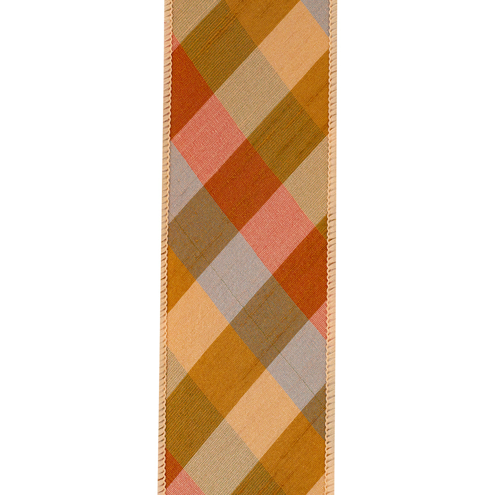2.5 inch diagonal Augusta tonal plaid ribbon in autumn shades of orange, gold, and grey.