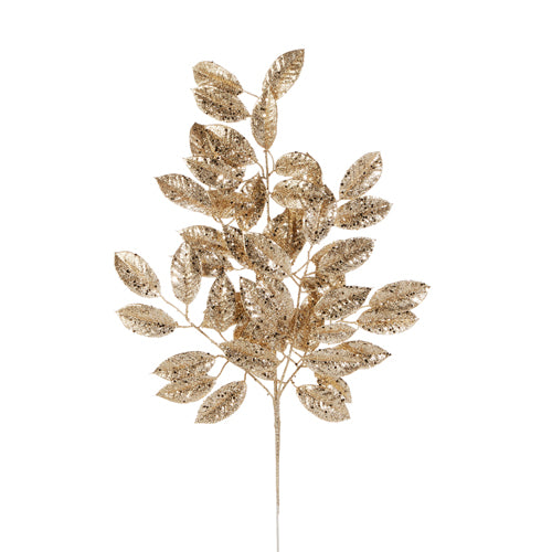 30-inch gold glitter leaf spray with multiple branches and shimmering textured leaves.