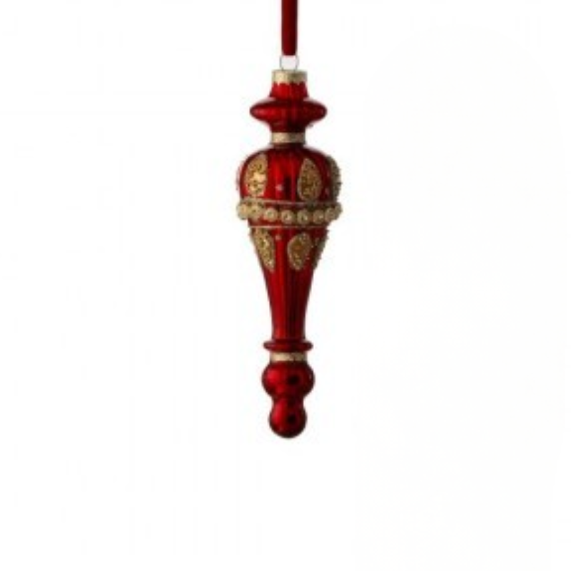 Red glass mercury finial ornament with gold glitter patterns and sparkling jewel accents.
