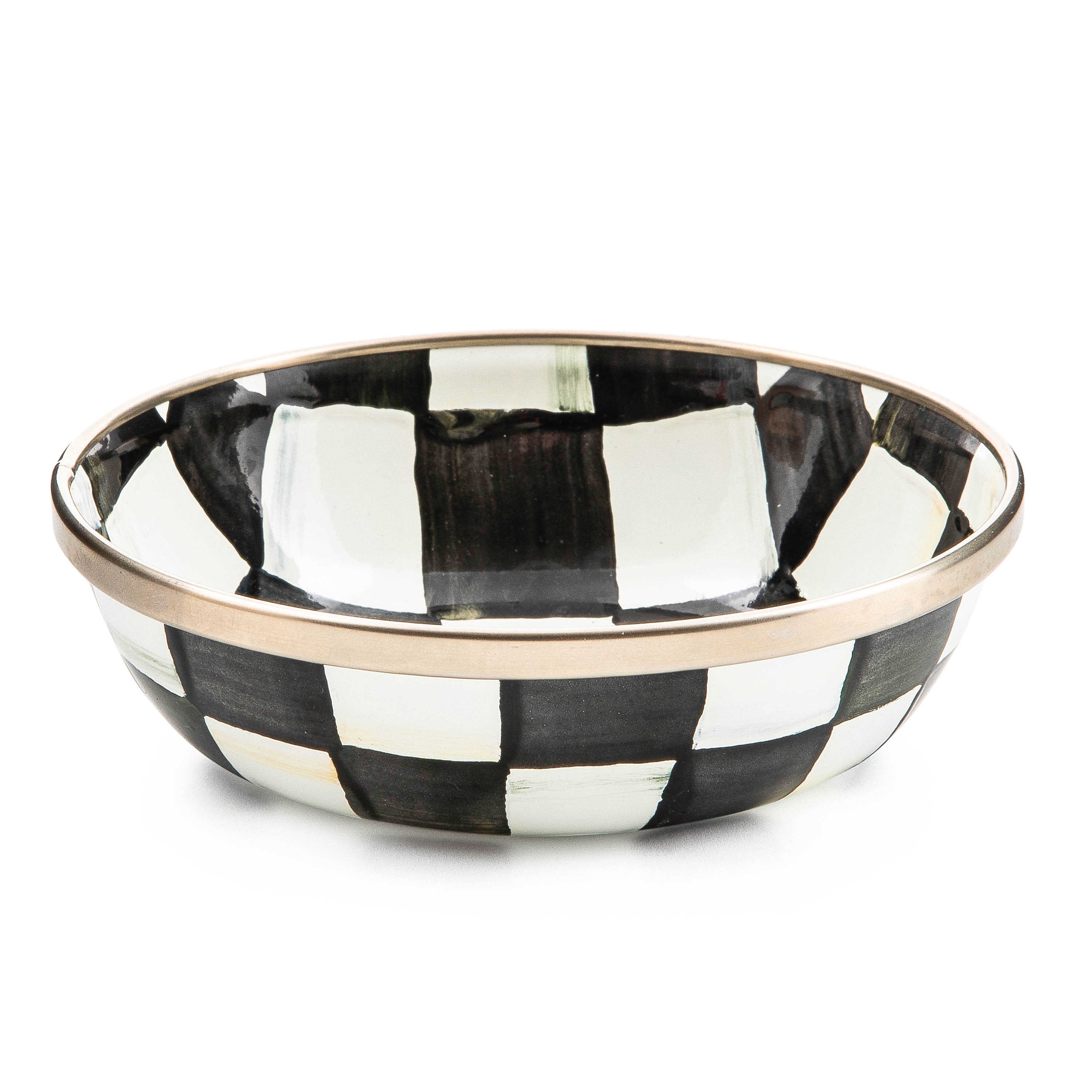 Courtly Check Relish Dish with hand-painted black and white checks and a bronzed stainless steel rim
