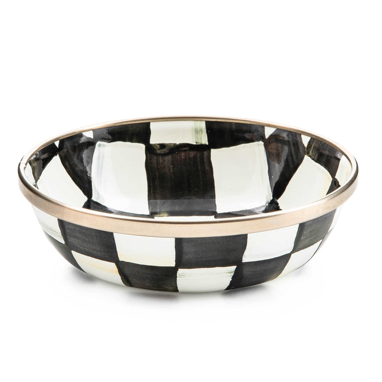 Courtly Check Relish Dish with hand-painted black and white checks and a bronzed stainless steel rim