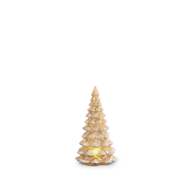 Lighted antiqued champagne glass Christmas tree with a warm glow and glitter accents.