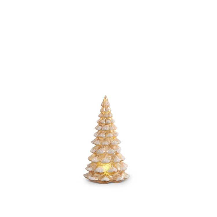 Lighted antiqued champagne glass Christmas tree with a warm glow and glitter accents.