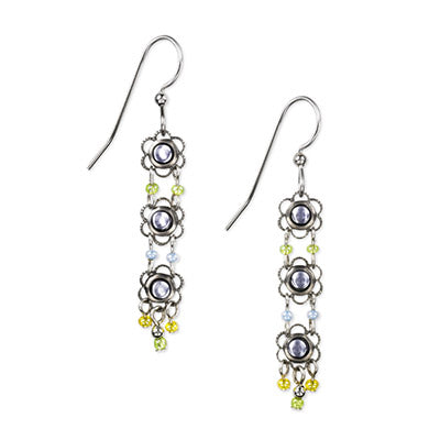 Triple Flowers Earrings with silver-tone floral motifs and periwinkle, lime, and crystal bead drops.