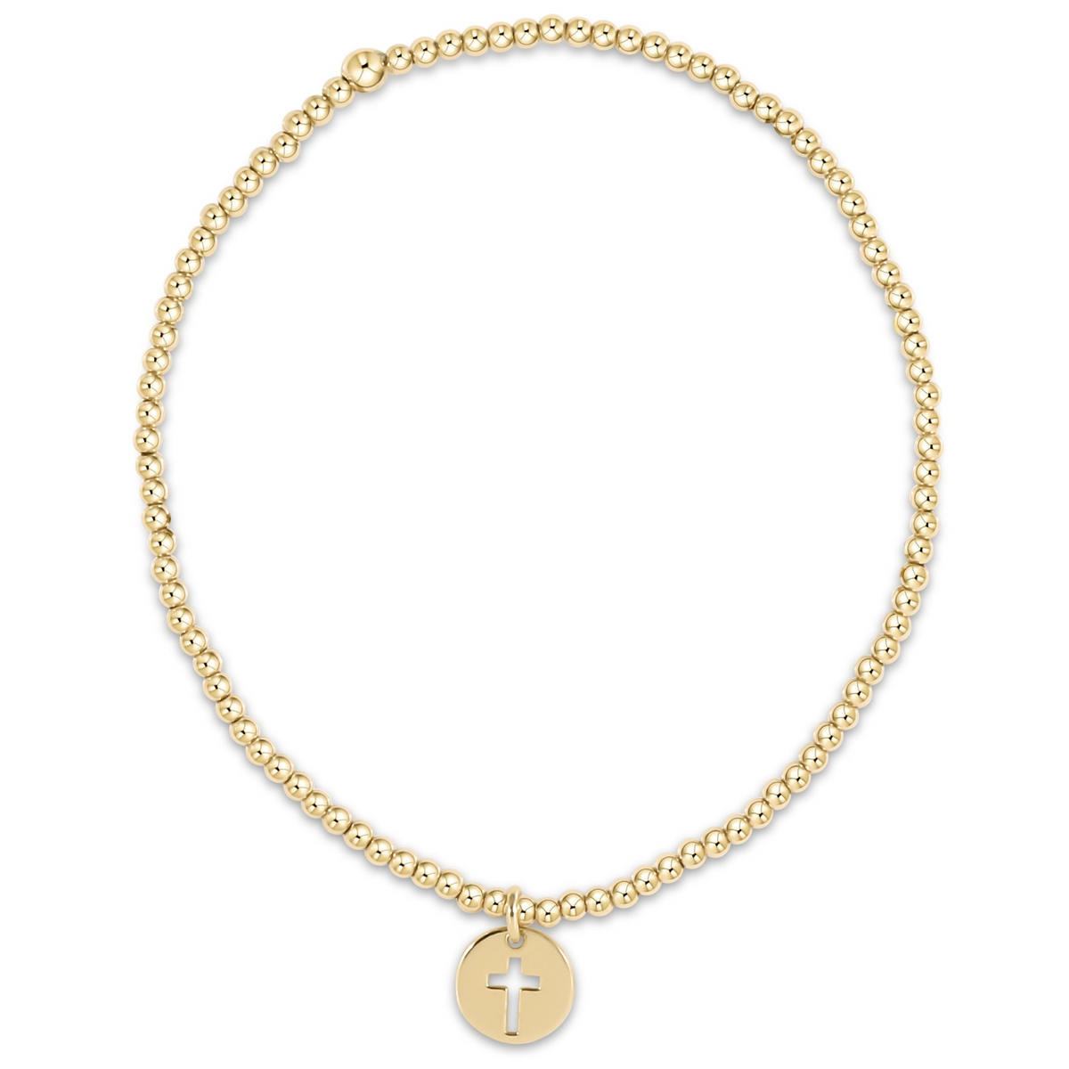 Classic gold 2mm beaded stretch bracelet with a small round disc charm featuring a cross cutout.