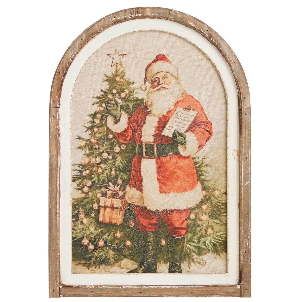 Arched wooden wall art featuring a vintage-style Santa Claus holding a list by a Christmas tree.