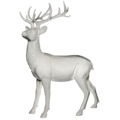 48-inch white resin standing modern deer statue with large antlers.