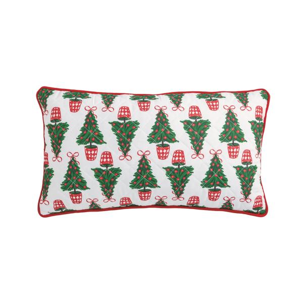 Rectangular white quilted pillow with a green Christmas tree block print and red piped edges.